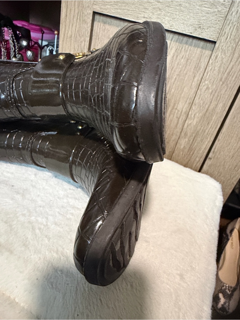 Michael Kors Dark Brown Croc-Embossed Leather Lace-Up Boots with Gold MK Accent - Picture 9 of 9